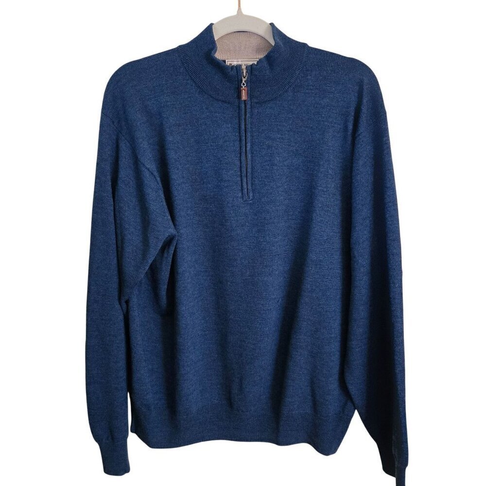 Peter Millar Kitts Twisted Merino Wool Blue Striped 1/4 Zip Golf Sweater Size L